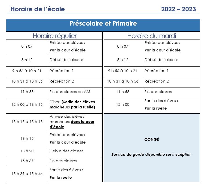 Horaire de l'école 22-23